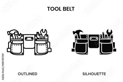 Tool belt outlined and silhouette icons with hammer and wrench inside, construction tools, handy belt with pockets, handyman.