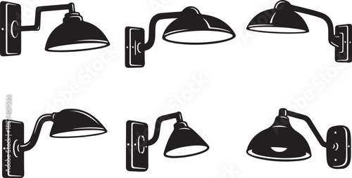 Various Black Wall Mounted Adjustable Lamps Isolated on White