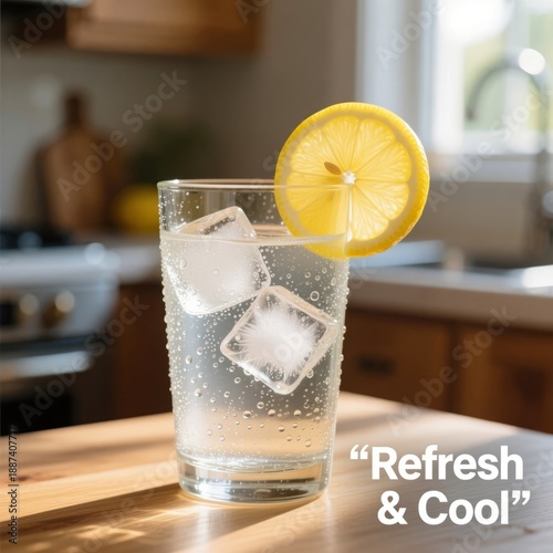 Glass of iced water with lemon