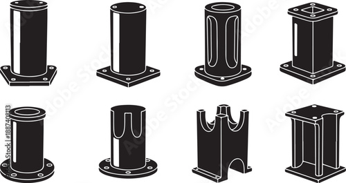 Set of various black cylindrical object designs and shapes