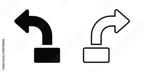 Turn arrows, two direction signs pointing left and right. Isolated black filled and outline vector illustrations.