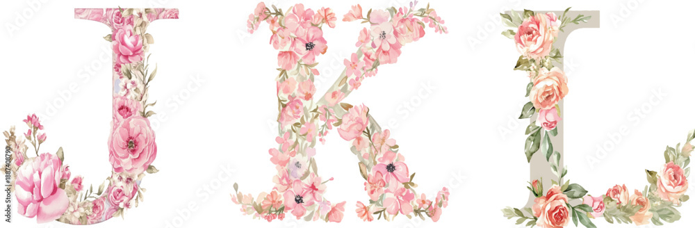 Obraz premium Floral Alphabet Trio: A watercolor composition presents the letters J, K, and L, each meticulously adorned with delicate flowers, evoking an aura of floral beauty and artistic charm.