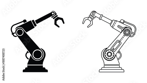 Two robotic arms vector illustration, one solid black and the other detailed outline