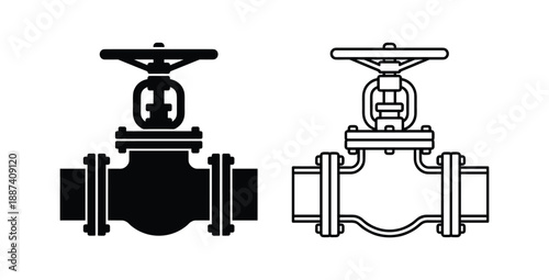 Valve silhouette and outline vector illustration on white background. Gate valve, industrial pipeline control, plumbing equipment.