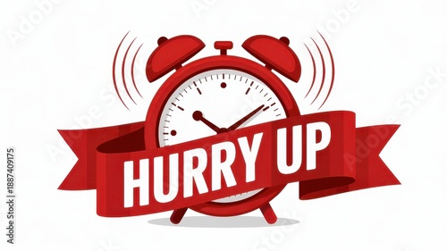 Stylish photo of Hurry Up Alarm Clock with Red Ribbon Isolated on White Background