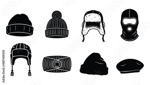 Variety of winter hats vector illustration, beanies, balaclava, trapper hats, and headbands in black silhouette