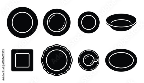 Various dishware silhouettes including plates, bowl, cup, and saucer. Black dishware assortment icons.