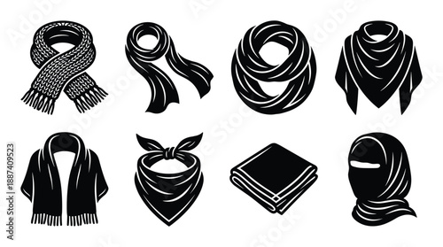 Various scarves vector illustrations, including knit, bandana, kerchief, niqab, and infinity scarf.
