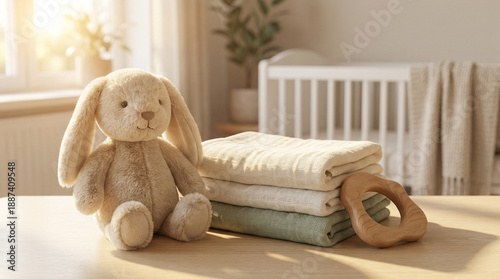 Soft stuffed bunny next to folded towels in bright nursery setting  