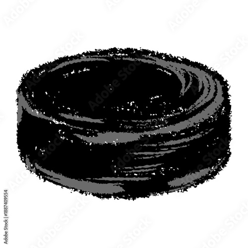 Hand drawn hockey puck in chalk style with rough texture and playful scribbles, naive colorful doodle with soft shading, scrapbook friendly sports element isolated on white.