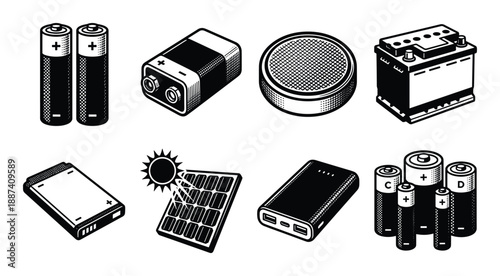 Various types of batteries black and white vector illustration. Different energy sources collection graphic element
