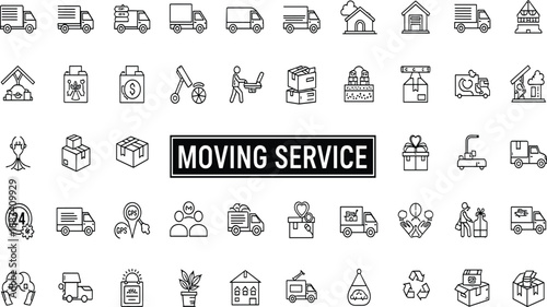Black moving service icons, delivery trucks, cardboard boxes, workers, logistics, home relocation, shipping tools, transport symbols, packaging, courier, GPS, 24-hour support, vector illustration