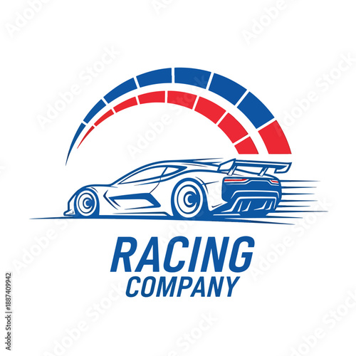 Dynamic Racing Sports Car Emblem with Speedometer Arc Illustration on White