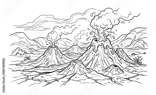 Volcanoes erupting, volcanic landscape with lava flow, geological features, magma spewing from the volcanic cones, mountains, sky