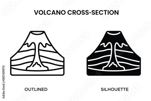 Volcano cross-section illustration, outlined and silhouette version. Volcano diagram with magma layers and volcano vent
