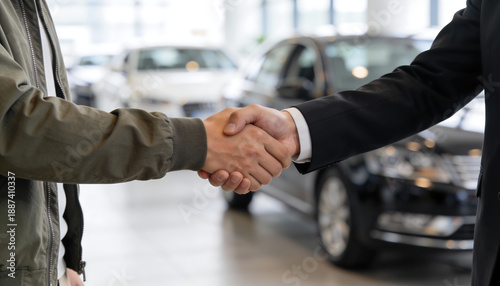 Closeup handshake between customer and sales representative in car dealership showroom vehicle purchase agreement auto finance deal and professional service concept