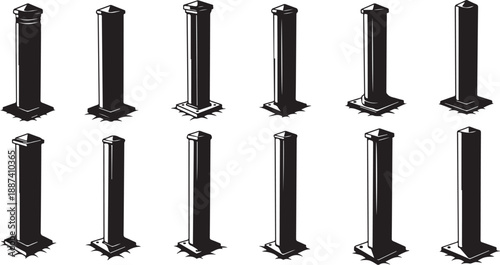 Set of black and white pillars on white background
