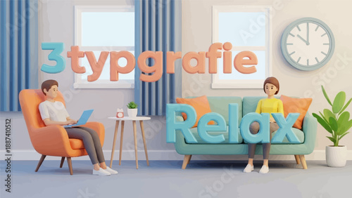 People relaxing at home with "3 typografie Relax" text
