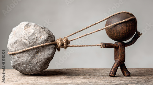 Small wooden figure uses ropes to pull a heavy grey stone across wood 