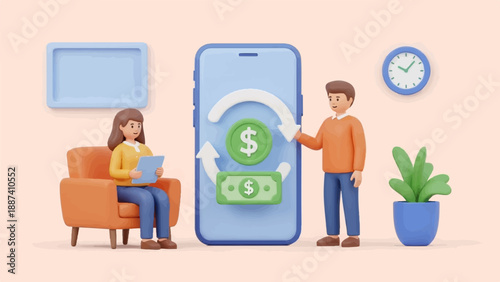 People interacting with a smartphone displaying financial transactions
