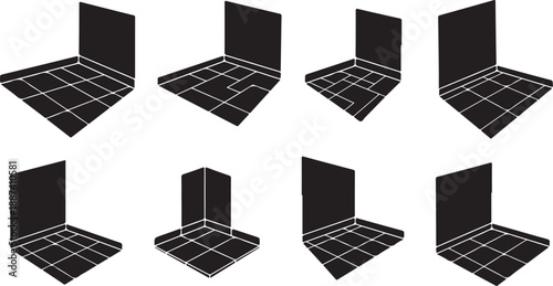 Collection of black laptops in various positions and angles
