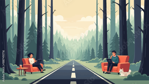 People working on laptops in comfy chairs with a dog by a road in a forest