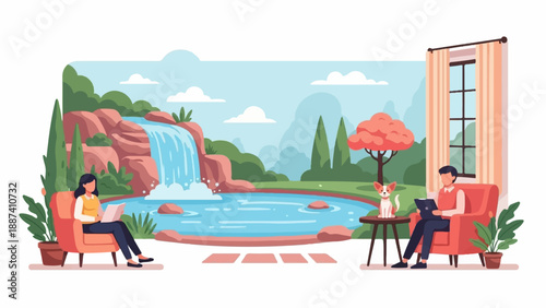 People relaxing by a tranquil pond with a waterfall, one with dog