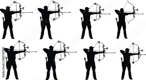 Archery silhouette set showing archer aiming bow in multiple poses, target practice, hunting sport concept, precision, focus, training, isolated on white background