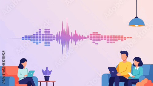 People interacting with a visual sound wave in a living room