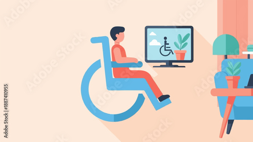 Person in wheelchair watches TV with accessibility symbol, plants in room