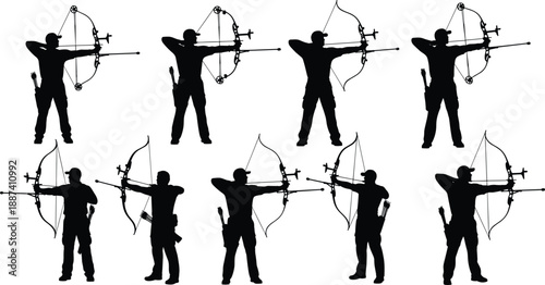 Archery silhouette collection showing male archer aiming bow and arrow in multiple poses, target practice, hunting and sport concept, precision, focus, isolated on white background