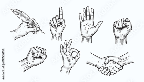 Vintage engraving of various hand gestures illustrating communication and expression
