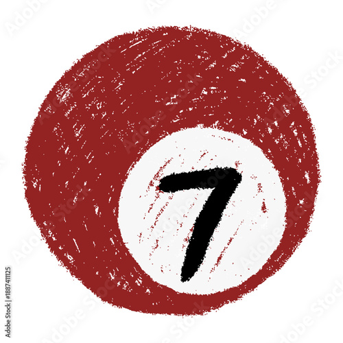 Hand drawn red billiard ball with number seven in chalk style, textured surface, grunge playful scribbles, naive colorful doodle vector illustration isolated, scrapbook friendly element.