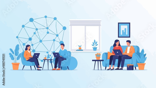 People working remotely with laptops and a digital network visualization