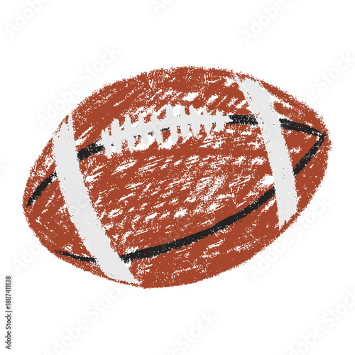 Hand drawn american football ball in chalk style with rough texture and sketchy seams, playful naive doodle vector illustration, scrapbook friendly sports element isolated on white.