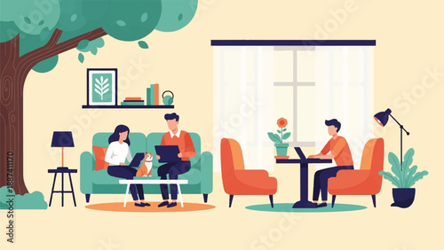 People working remotely with pets and plants in a cozy home office