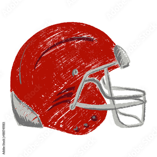Hand drawn red american football helmet in chalk style with rough texture and bold shape, playful naive doodle vector illustration, scrapbook friendly sports safety element isolated.