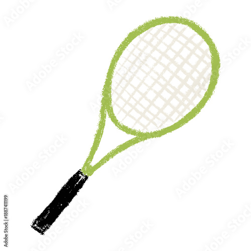 Hand drawn tennis racket in chalk style with rough texture and playful scribbles, naive grunge doodle vector illustration, scrapbook friendly sports element isolated on white.