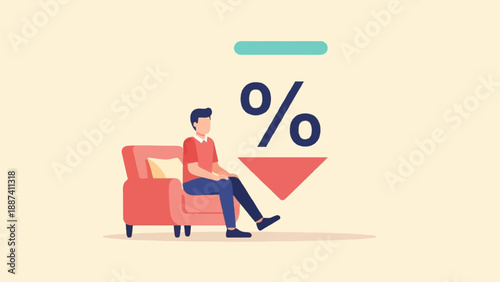 Person sitting on couch near percentage symbol and downward arrow