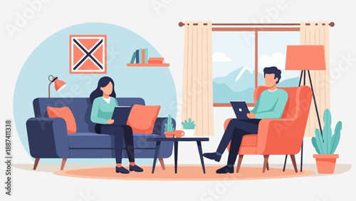 People relaxing indoors, using laptops and enjoying a cozy atmosphere