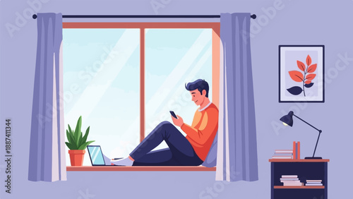 Person on windowsill with phone, laptop, plant, and framed art