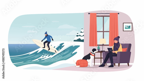 Person surfs wave in cold weather scene, another sits indoors with laptop