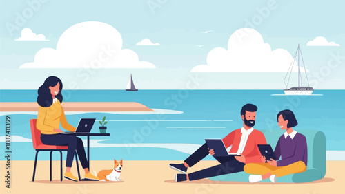 People working on laptops on a beach with sailboats in the ocean