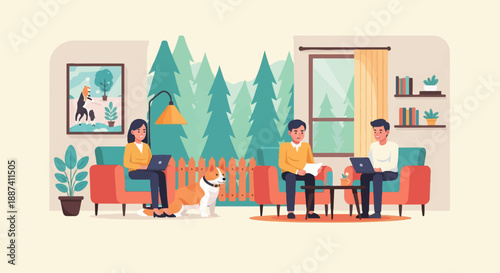 People working from home with dog, surrounded by plants and forest scenery