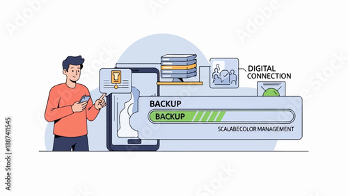 Person using phone for digital connection and data backup progress