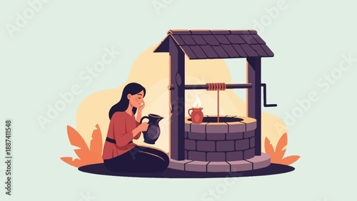 Person pouring water from a jug at a well with a light