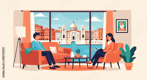 People relaxing indoors with a scenic city view