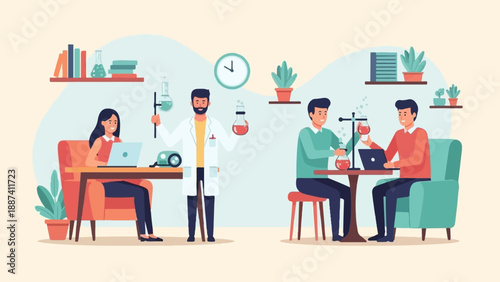 People working in a science lab with flasks and computers