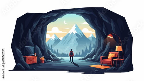 Person with backpack looking out from dark cave at snowy mountains