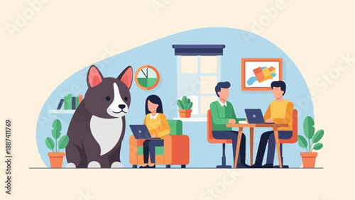 People work on laptops with a dog nearby in a home office